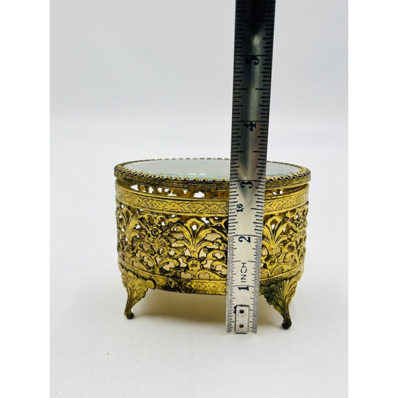 VTG Gold Filigree ORMOLU Footed Casket Jewelry Trinket Box with Beveled Glass - Picture 6 of 6